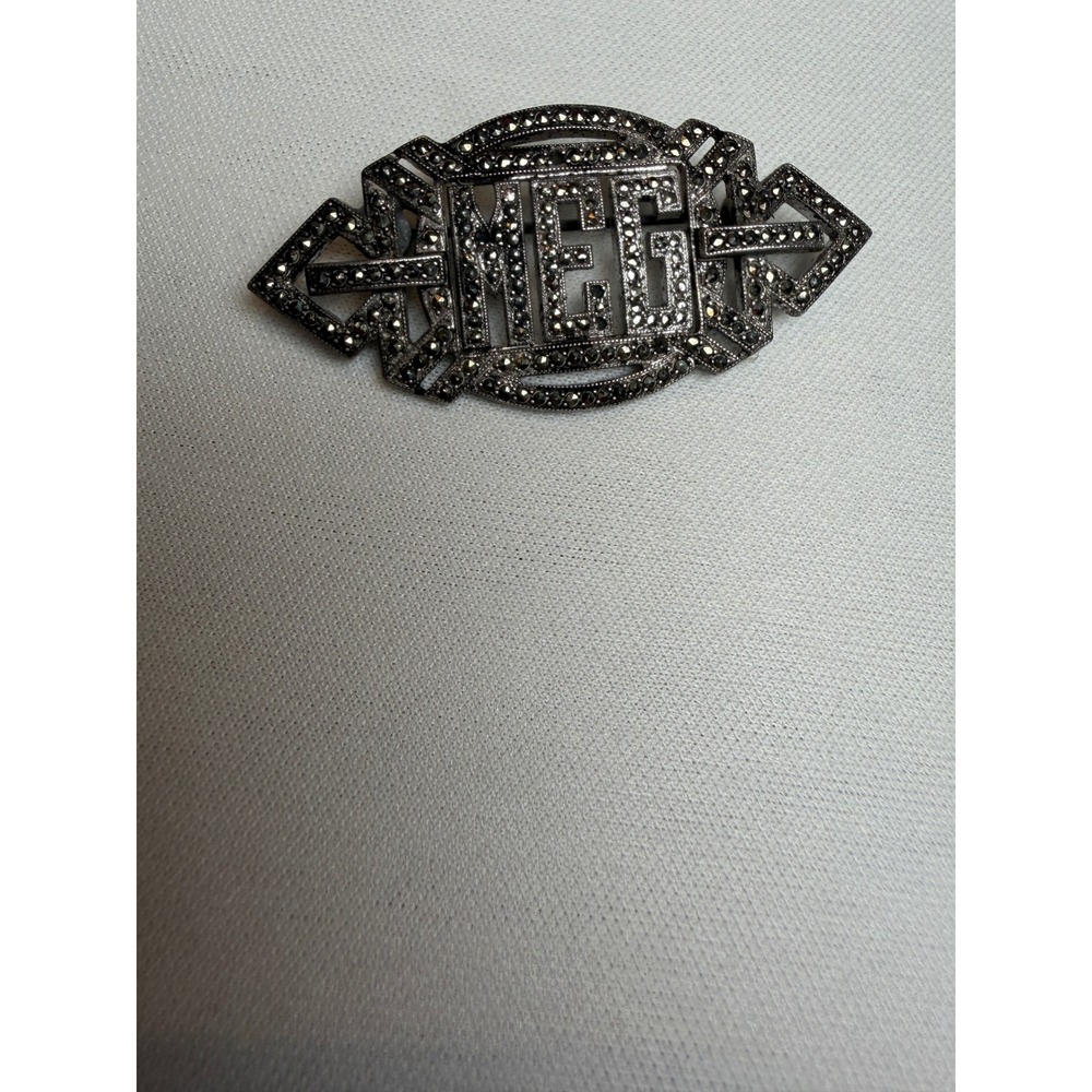 Vintage Sterling Silver Marcasite MEG Name Brooch Art Deco  Brooch Pin